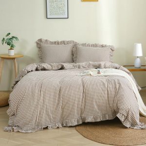 Checkered Ruffled Duvet Cover – 100% washed cotton three-piece set