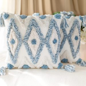 Blue Tassel Cotton Pillowcase 18x18 inches