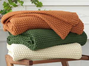 Chunky Cable Knit Throw Blanket Lightweight Beige 100% Organic Cotton Blanket for Sofa Couch Bed Baby Nursery, Rustic Shabby Chic Modern Farmhouse, 60” x 80”