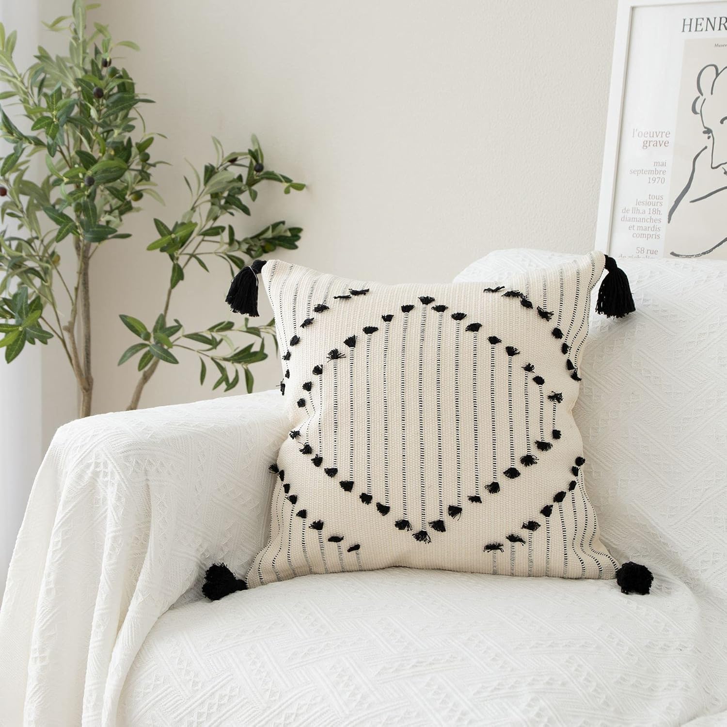 Black and White Tassel Diamond Pattern Pillowcase 18x18 inches - Image 2