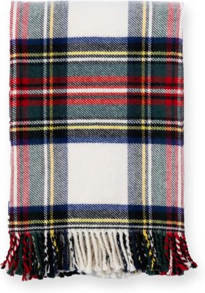 Premium Classic Holiday Decorative Throw Blanket 50"x70" Heavyweight 100% Ultra Fine Merino Wool Navy Red Beige Woven Royal Stewart Tartan Plaid