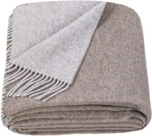 Merino Wool Blanket - Warm Throw for Cold Weather, Warmest Travel Outdoor Camping Blankets, Picnic Army and Military Throws, Comforter Soft & Cozy 55 x 79 Light Brown - Light Grey Double-Sided