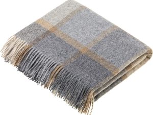Wool Plaid Throw Blanket, Merino Lambswool, Block Windowpane Beige Grey, Made in UK