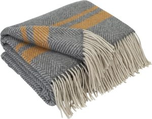 Merino Wool Blanket - Warm Throw for Cold Weather, Warmest Travel Outdoor Camping Blankets, Picnic Army and Military Throws, Comforter Soft & Cozy (55 x 79 Grey with Mustard and White Stripes)