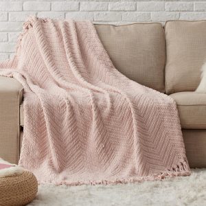 Throw Blankets for Couch - Textured Knit Woven Chenille Blanket - Super Soft, Warm Decorative Boho Throw with Tasls for Bed, Sofa and Living Room, Pink, 50x60 Inches